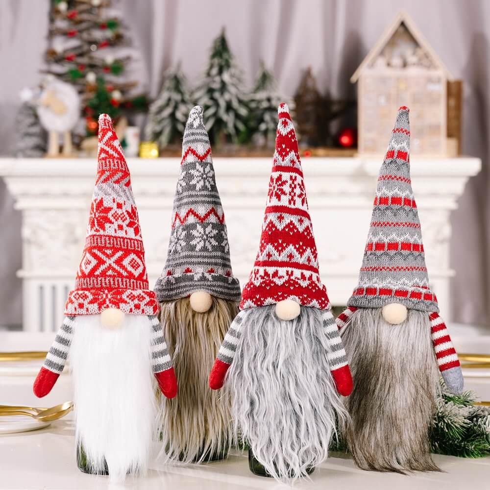 Knitted Scandinavian gnome wine bottle cover in red and grey with long beard for Christmas decoration