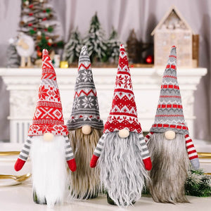 Knitted Scandinavian gnome wine bottle cover in red and grey with long beard for Christmas decoration