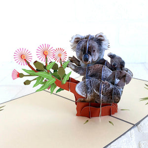 Handmade Mummy and Baby Koala  Sitting On a Flowering Gum Tree 3D Pop Up Birthday Card