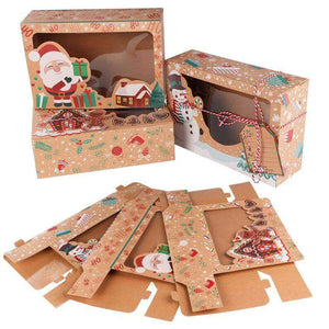 Assembled kraft Christmas treat boxes with gift tags and red-white rope