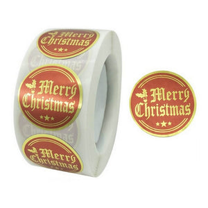 Style L - Round Gold Foil Merry Christmas Red Stickers - Christmas Gift Packaging and Wrapping Supplies