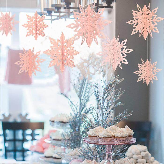 3D Baby Pink Glitter Christmas Snowflake Paper Hanging Ornament 6 Pack