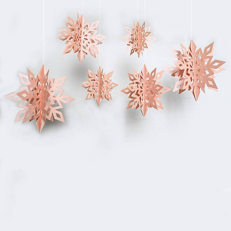 3D Baby Pink Glitter Christmas Snowflake Paper Hanging Ornament 6 Pack