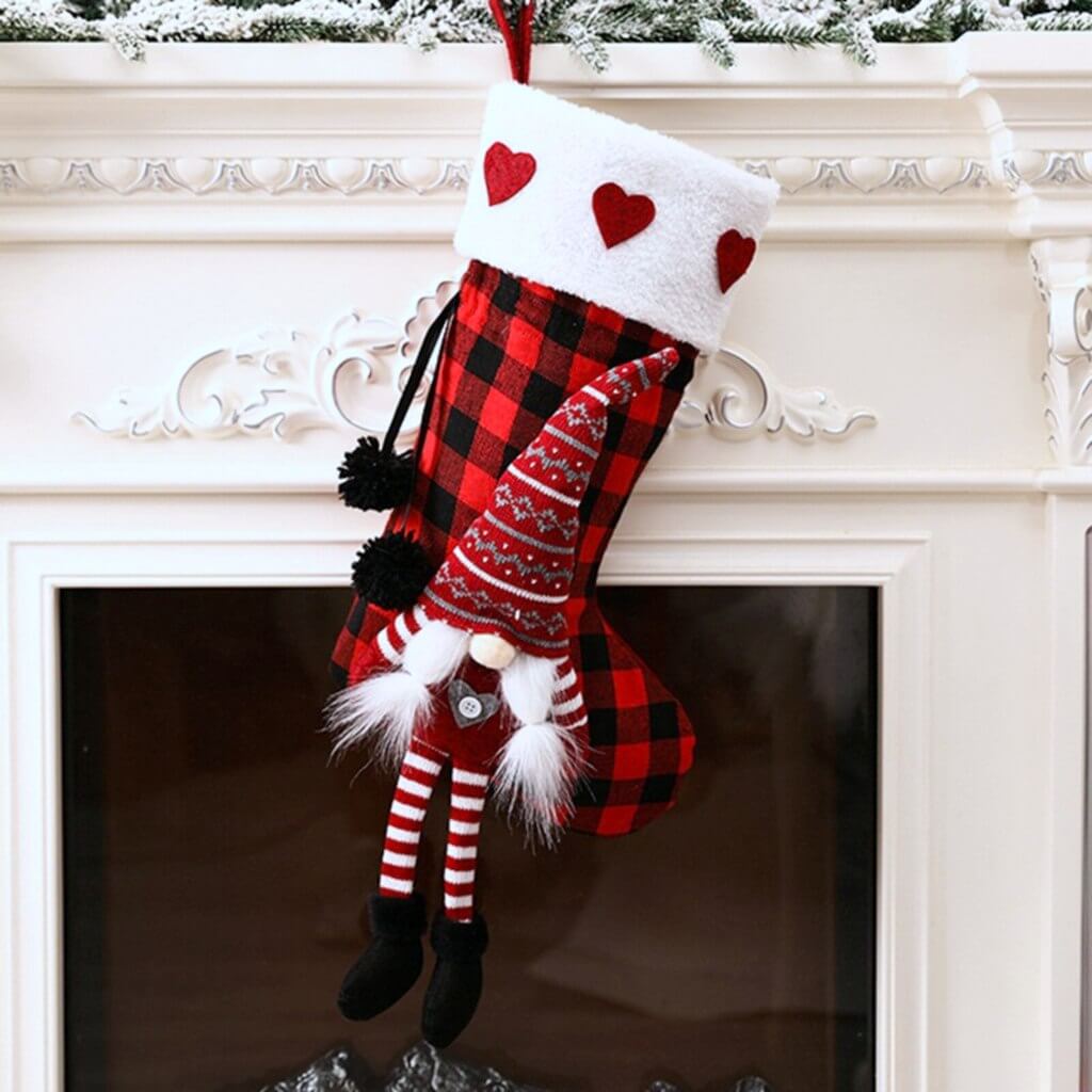 Large Felt Checkered Pattern Christmas Woodland Santa Claus Stocking