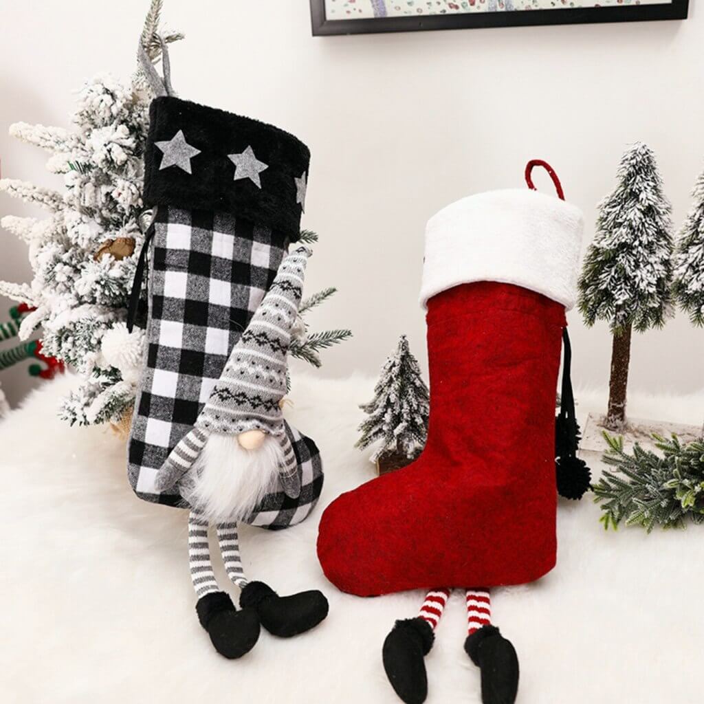 Large Felt Checkered Pattern Christmas Woodland Santa Claus Stocking