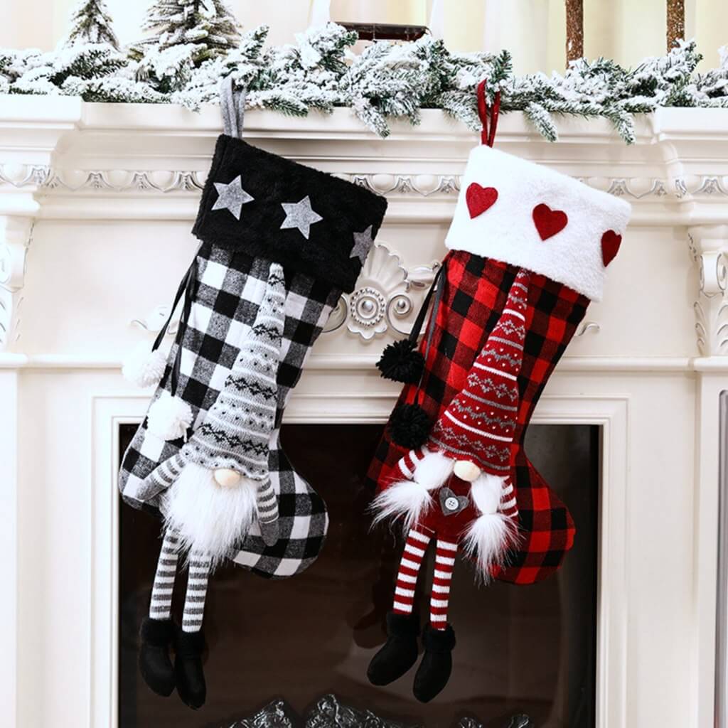 Large Felt Checkered Pattern 3d Christmas Woodland Santa Claus Stocking
