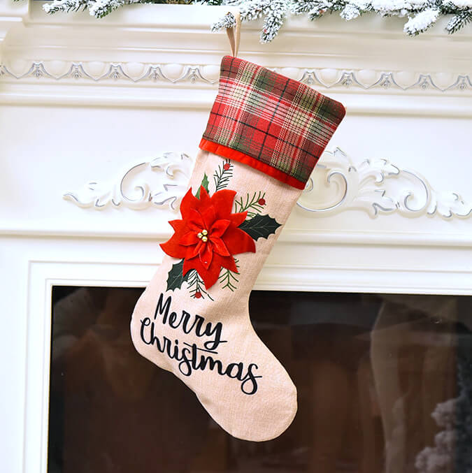 Large Burlap Merry Christmas Stocking - Red Poinsettia Flower