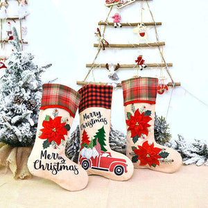Large Burlap Merry Christmas Stocking - Xmas Trees & Santas on Red Ute - Xmas Home & Wall Decorations, Christmas Presents for Kids