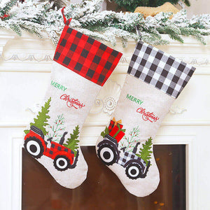 Large Hessian Burlap Christmas Stocking - Xmas Trees & Tractors