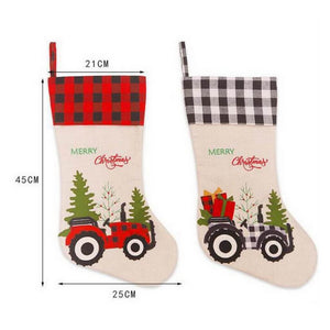 Large Hessian Burlap Christmas Stocking - Xmas Trees & Tractors