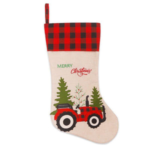 Large Hessian Burlap Christmas Stocking - Xmas Trees & Tractors