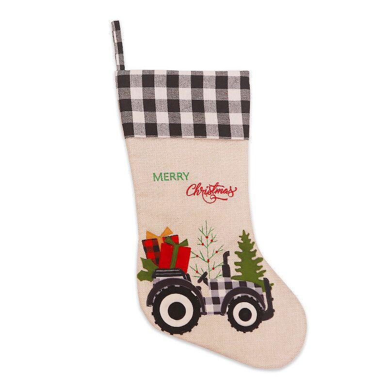 Large Hessian Burlap Christmas Stocking - Xmas Trees & Tractors