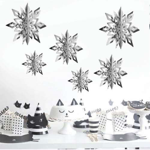 3D Metallic Silver Christmas Snowflake Paper Hanging Ornament 6 Pack