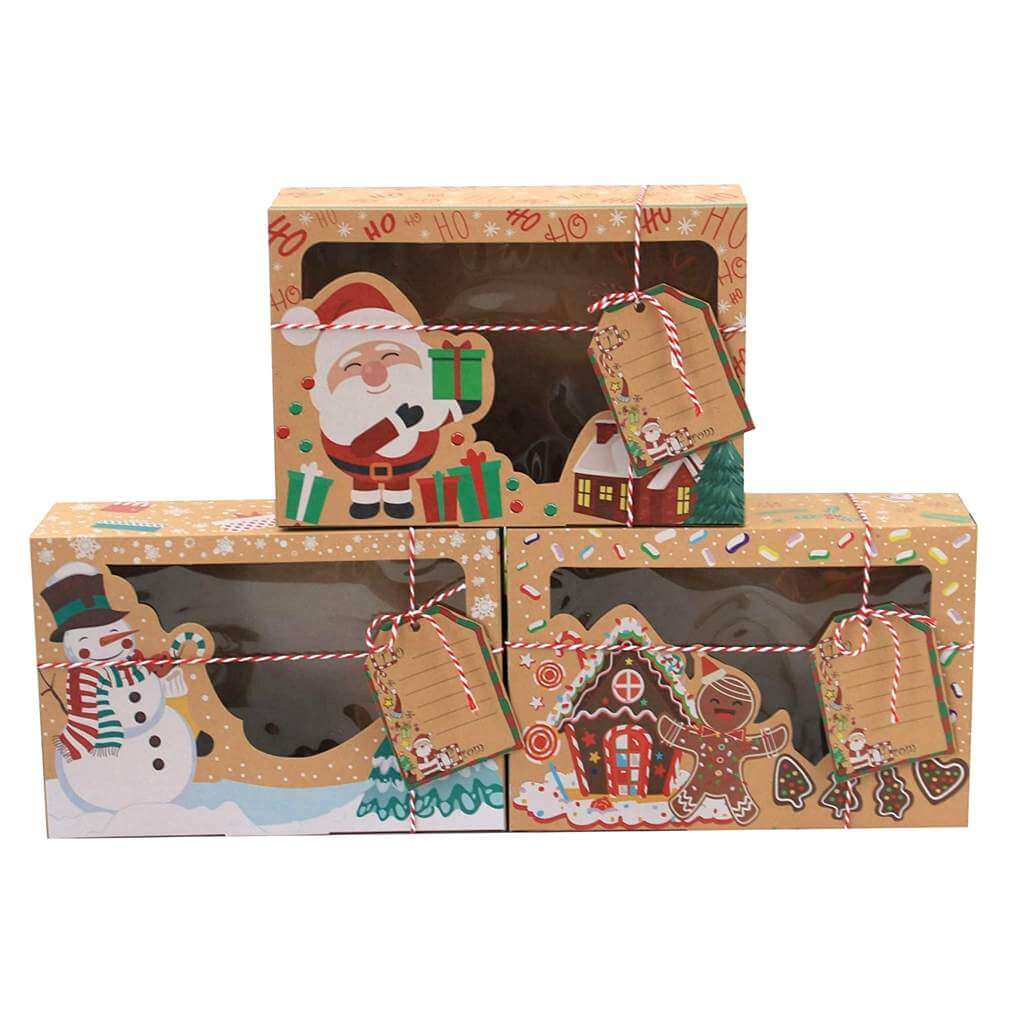 pack of 12 large vintage Christmas kraft biscuit boxes with clear windows and festive designs