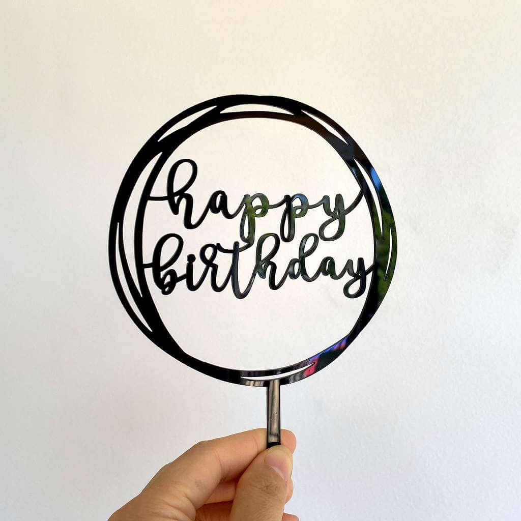 Black Geometric Round Happy Birthday Cake Topper