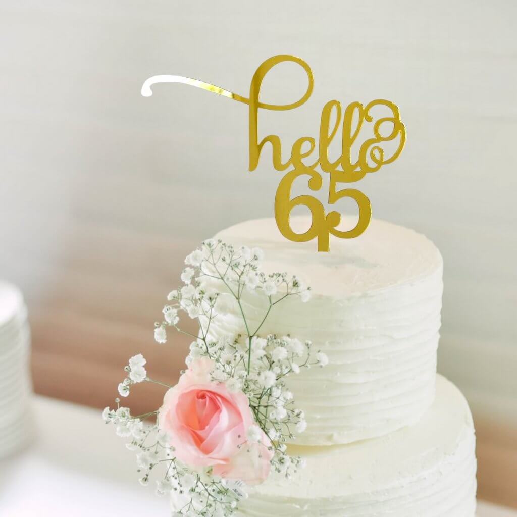 Gold Mirror Acrylic Hello 65 Birthday Cake Topper