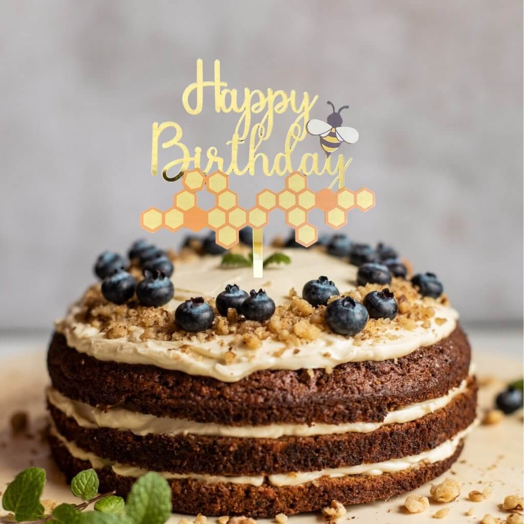 Gold Mirror Acrylic Happy Birthday Bee & Beehive Cake Topper