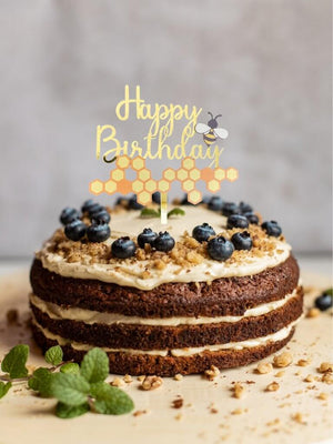 Gold Mirror Acrylic Happy Birthday Bee & Beehive Cake Topper