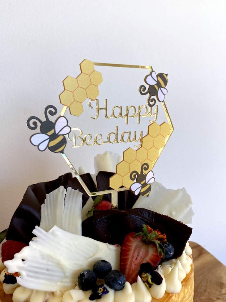 Gold Mirror Acrylic Happy Beeday Hexagonal Cake Topper
