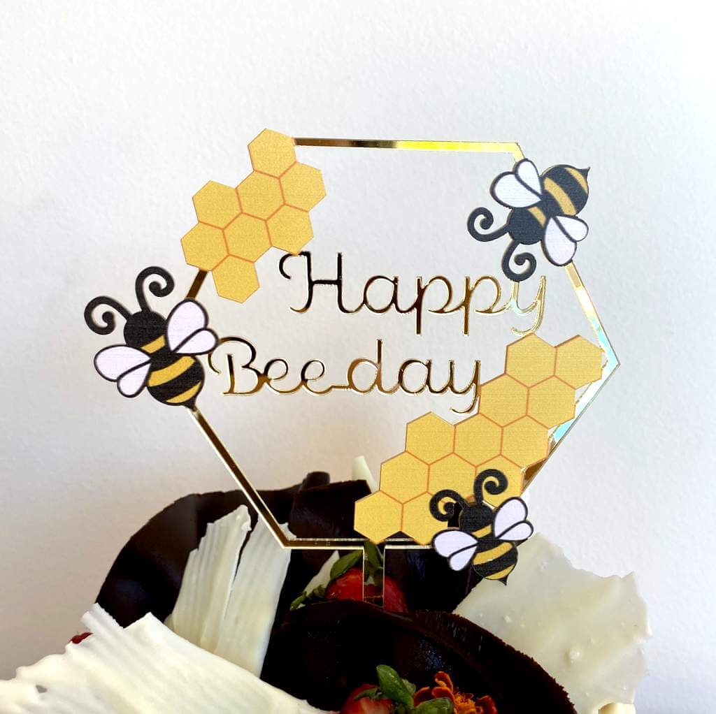 Gold Mirror Acrylic Happy Beeday Hexagonal Cake Topper