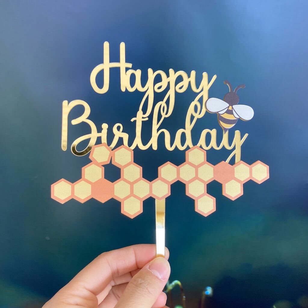 Gold Mirror Acrylic Happy Birthday Bee & Beehive Cake Topper