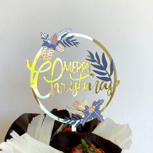 Gold Mirror Acrylic Merry Christmas Leaf Wreath Cake Topper