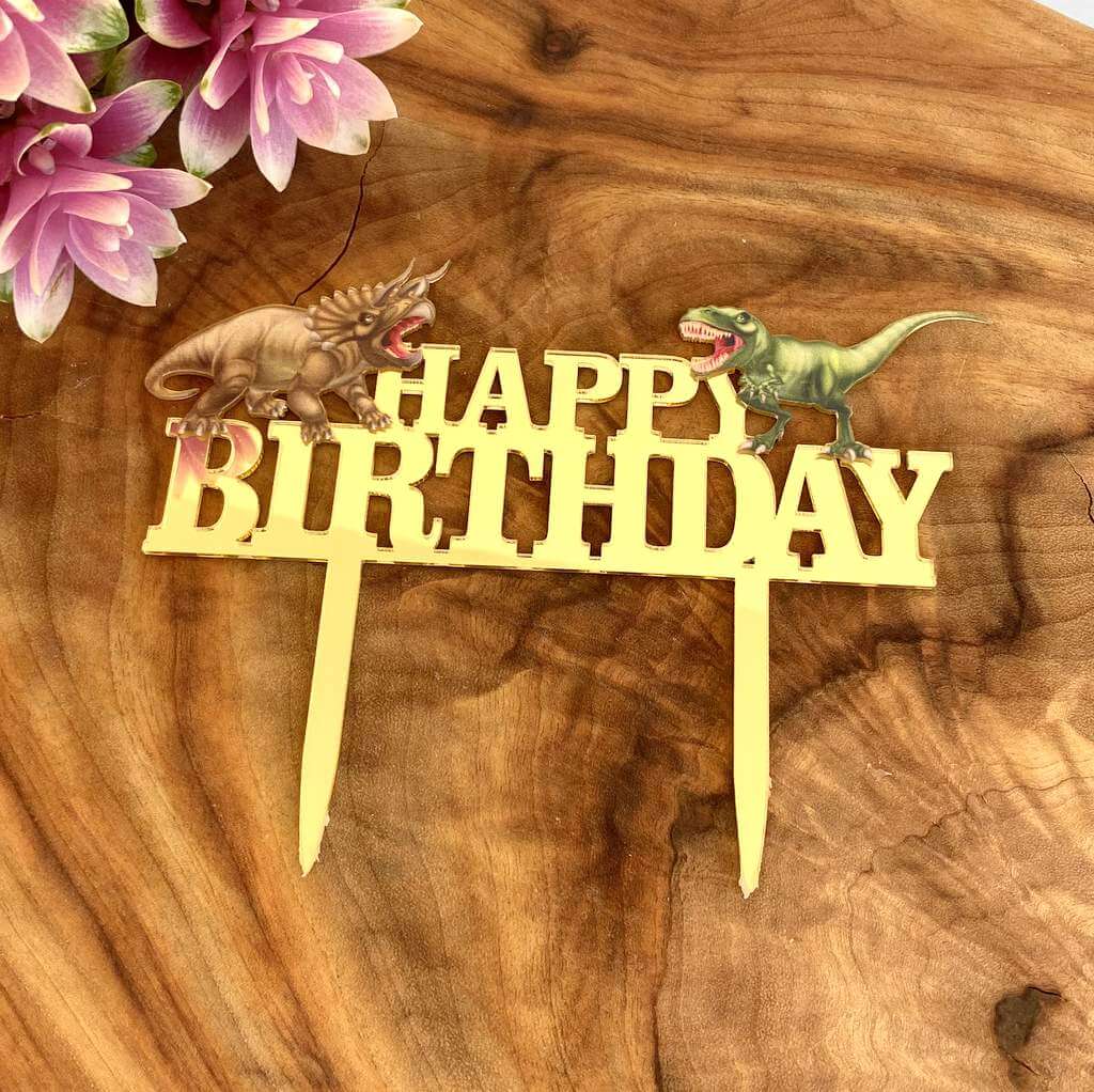 Gold Mirror Acrylic Happy Birthday Dinosaur Cake Topper
