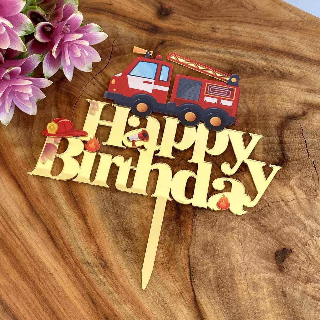 Gold Mirror Acrylic Happy Birthday Red Fire Truck Cake Topper