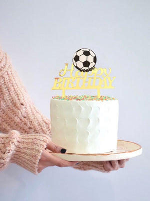 Gold Mirror Acrylic Happy Birthday Soccer Ball Cake Topper