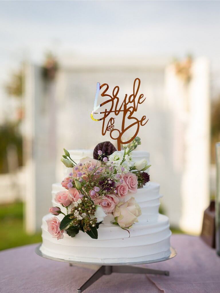 Rose Gold Mirror Acrylic 'Bride To Be' with Diamond Ring Cake Topper -Style A