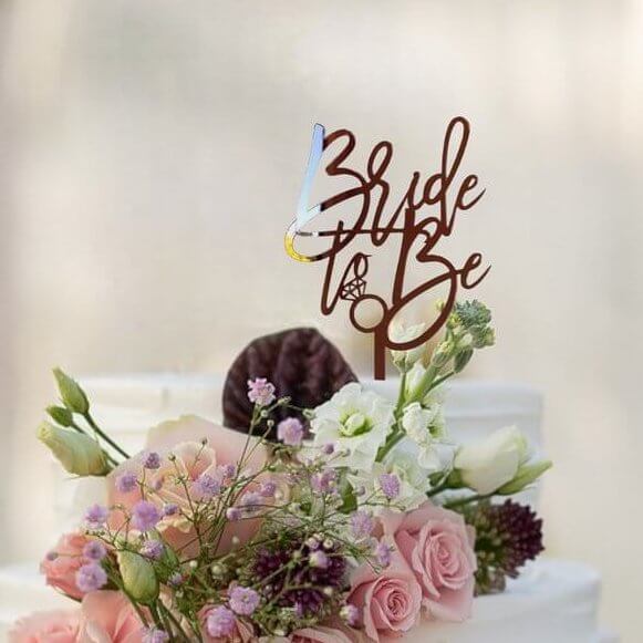 Rose Gold Mirror Acrylic 'Bride To Be' with Diamond Ring Cake Topper -Style A