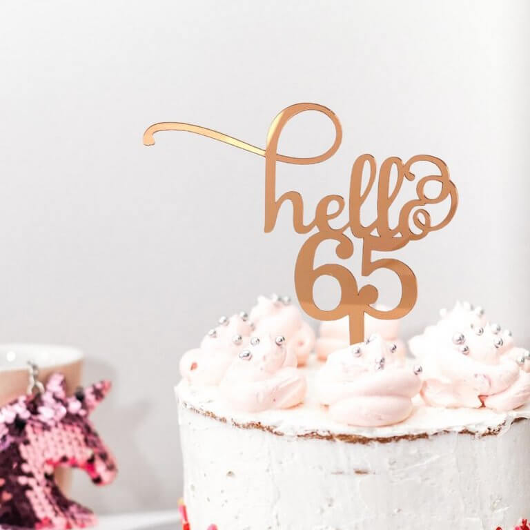 Rose Gold Mirror Acrylic Hello 65 Birthday Cake Topper