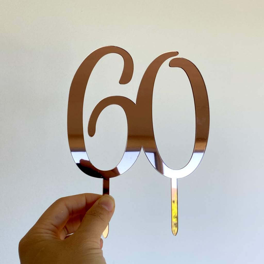 Acrylic Rose Gold Mirror Number 60 Cake Topper - 60th Birthday Party Cake Decorations
