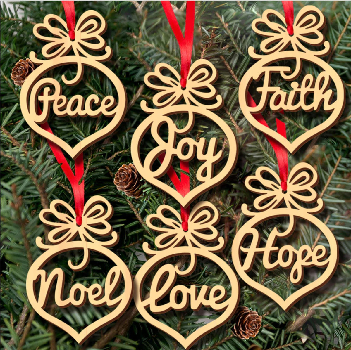 Laser Cut Religious Wooden Christmas Tree Ornaments 6 pack - Online Party Supplies