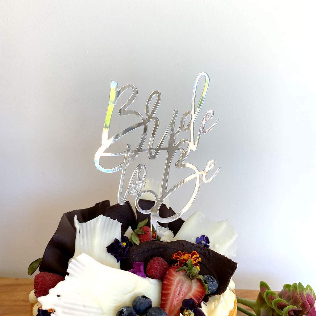 Silver Mirror Acrylic 'Bride To Be' with Diamond Ring Cake Topper