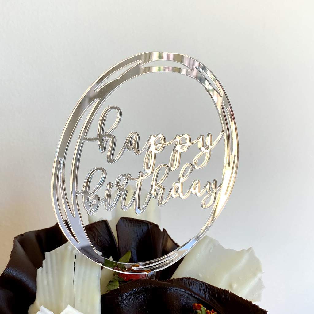 Acrylic Silver Mirror Geometric Round Happy Birthday Cake Topper