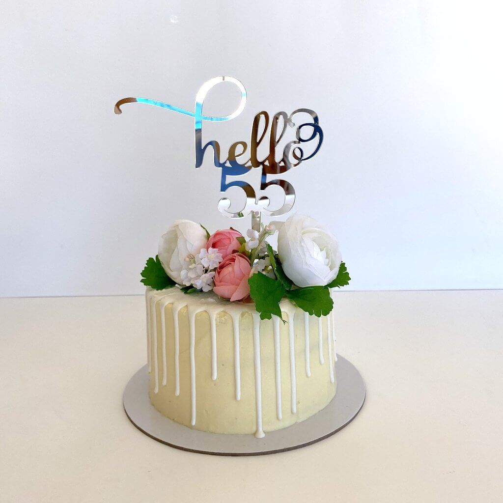 Silver Mirror Acrylic Hello 55 Birthday Cake Topper