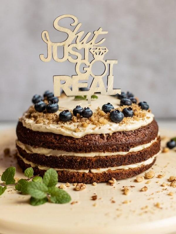 Shit Decarations Wooden 'Shit Just Got Real' Engagement Cake Topper