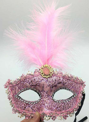 Elegant Light Pink Tall Feather Lace Masquerade Mask for Women - Party Costumes and Accessories