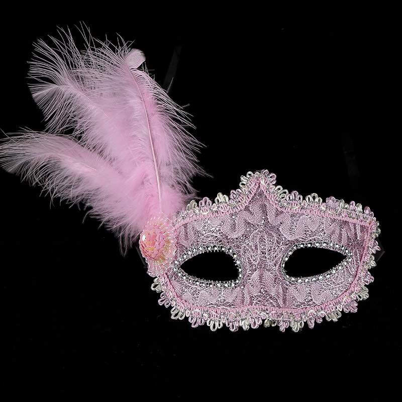 Glitter Lace Tall Feather Masquerade Mask - Light Pink