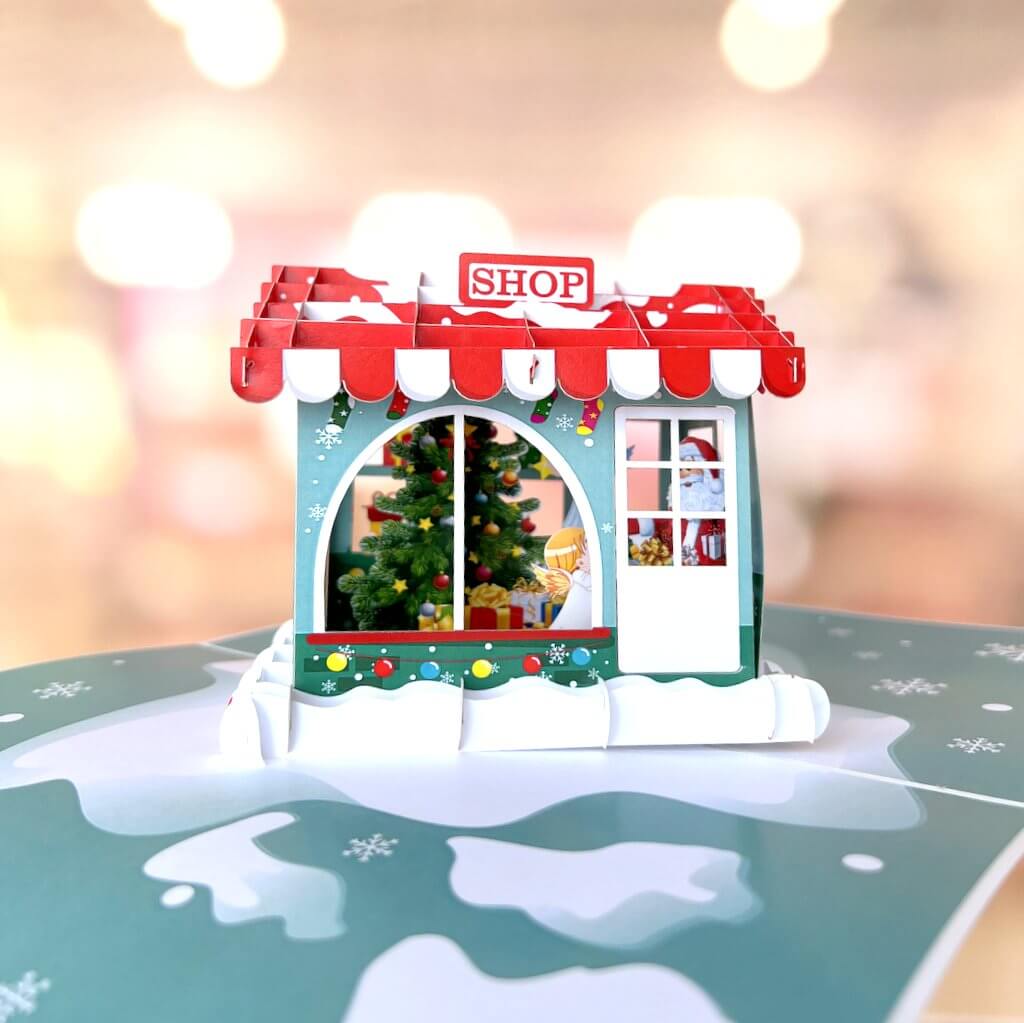 Little Angels Helping Santa Decorating Xmas Shop Pop Up Christmas Card