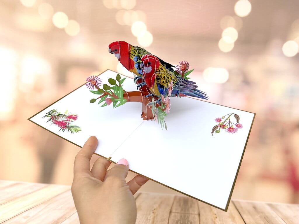 Luxury Embrossing Australian Colourful Eastern Rosella Parrot Couple 3D Pop Up Card
