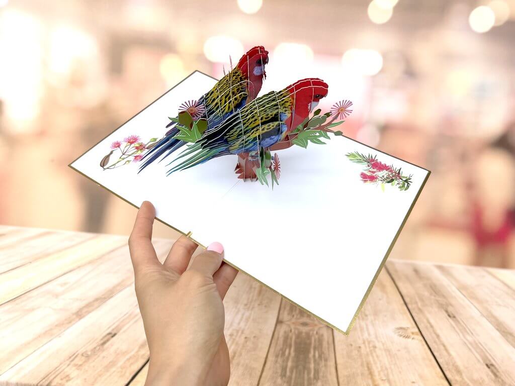 Luxury Embrossing Australian Colourful Eastern Rosella Parrot Couple 3D Pop Up Card