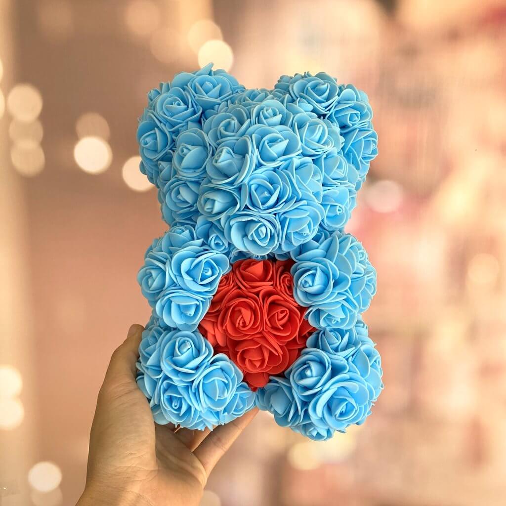 Luxury Everlasting Rose Teddy Bear with Gift Box - Blue Bear with Red Heart