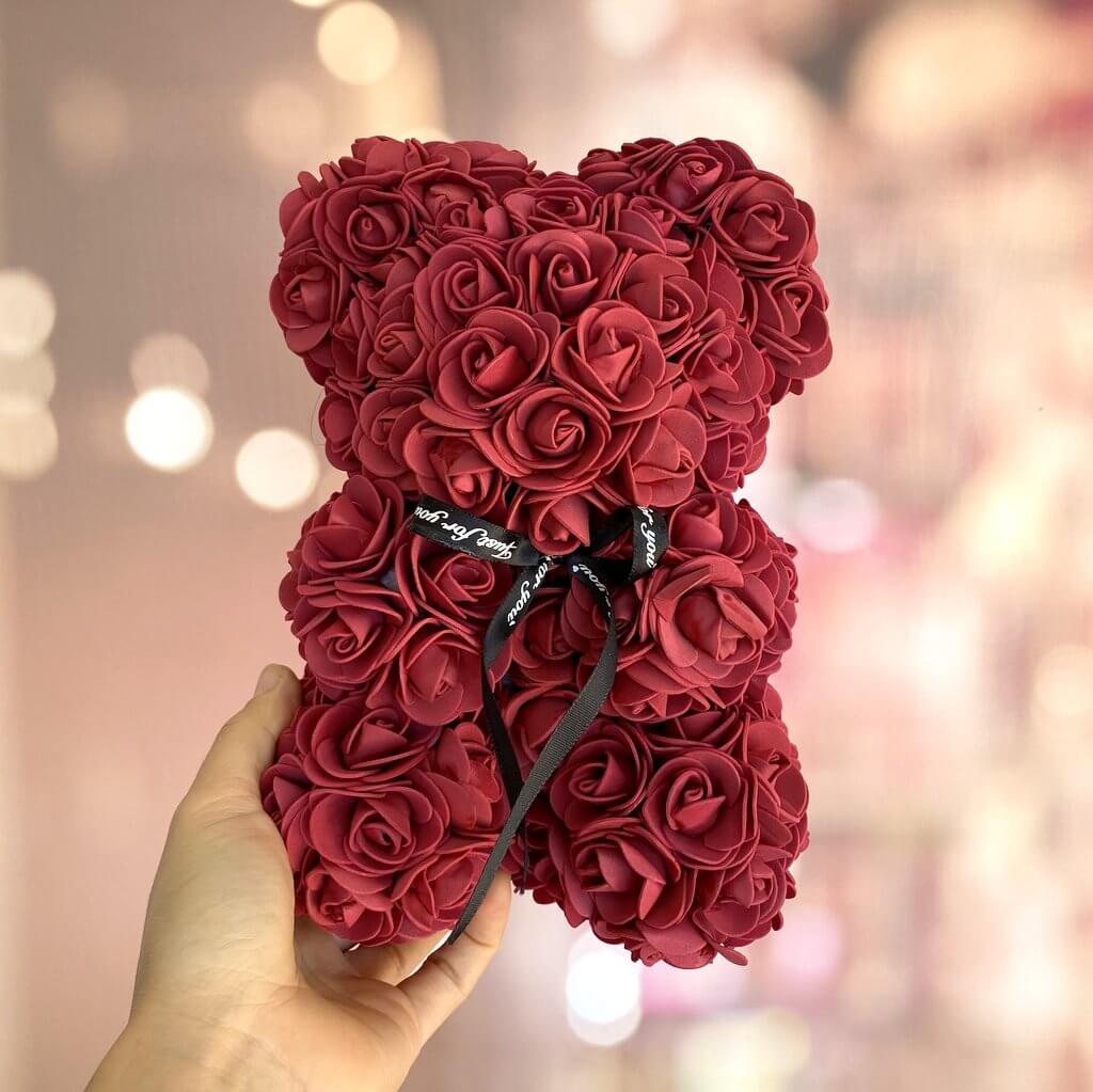 Luxury Everlasting Rose Teddy Bear with Gift Box - burgundy