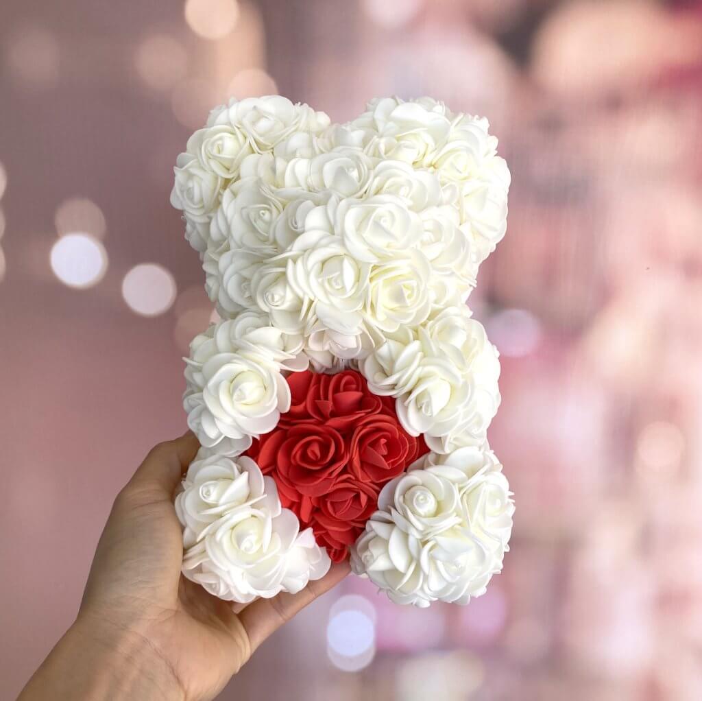 Luxury Everlasting Rose Teddy Bear with Gift Box - Cream Bear with Red Heart