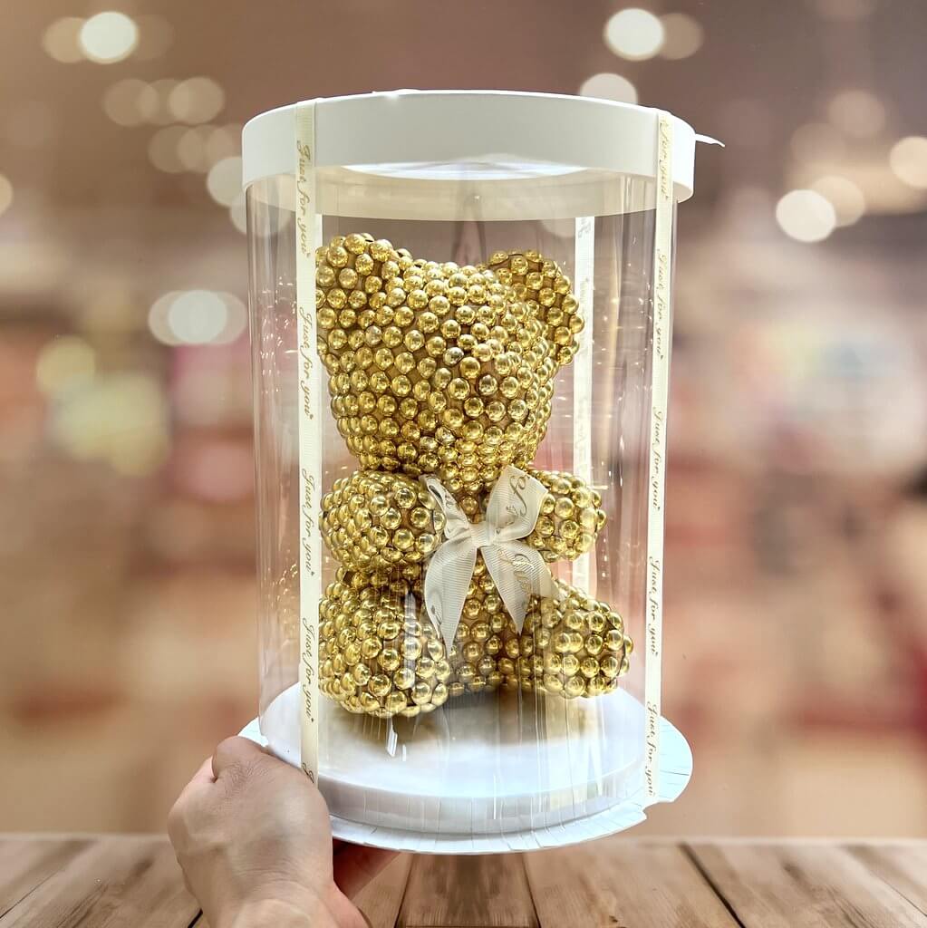 Luxury Everlasting Pearl Teddy Bear with Round Gift Box - Gold