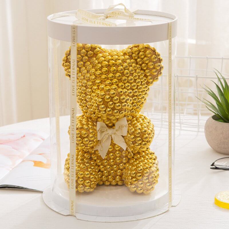 Luxury Everlasting Pearl Teddy Bear with Round Gift Box - Gold