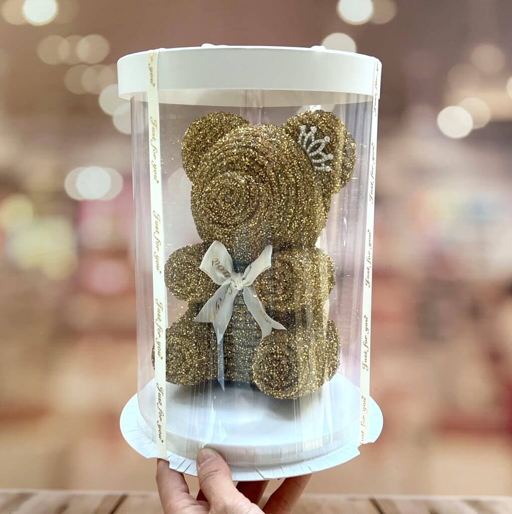 Luxury Resin Rhinestone Crystal Teddy Bear with Crown & Round Gift Box - Gold