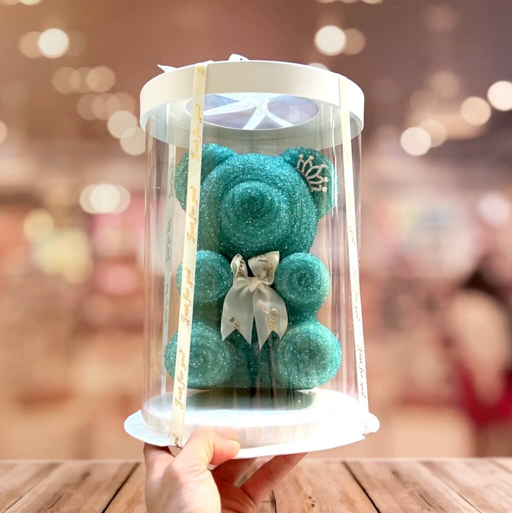Luxury Resin Rhinestone Crystal Teddy Bear with Crown & Round Gift Box - Green